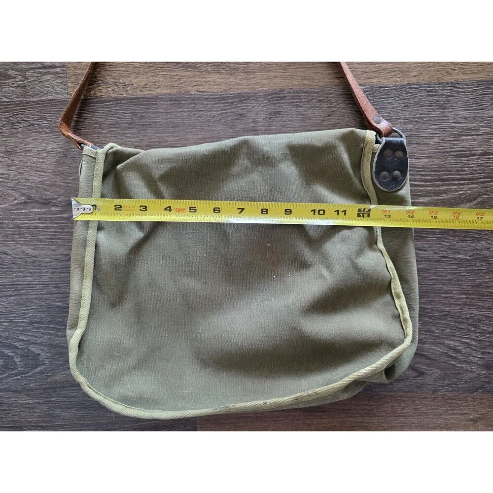 Vintage Military Green Army Canvas Messenger Tote Bag Leather Strap Buckle READ